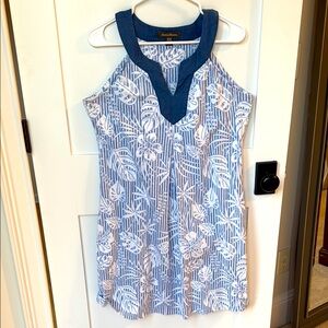 Tommy Bahama Blue and White Sleeveless Shift Dress - Medium
